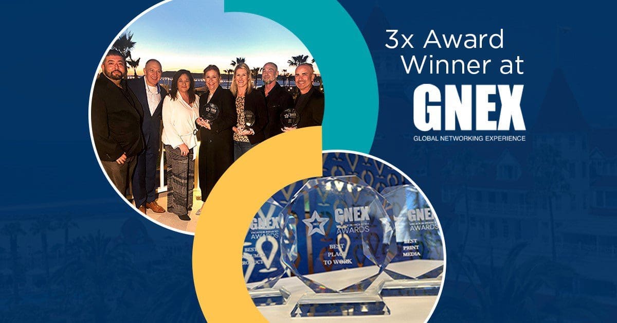 Arrivia’s resort and business development team celebrating alongside 3 industry awards won by arrivia at the 2023 GNEX Vacation Industry Awards